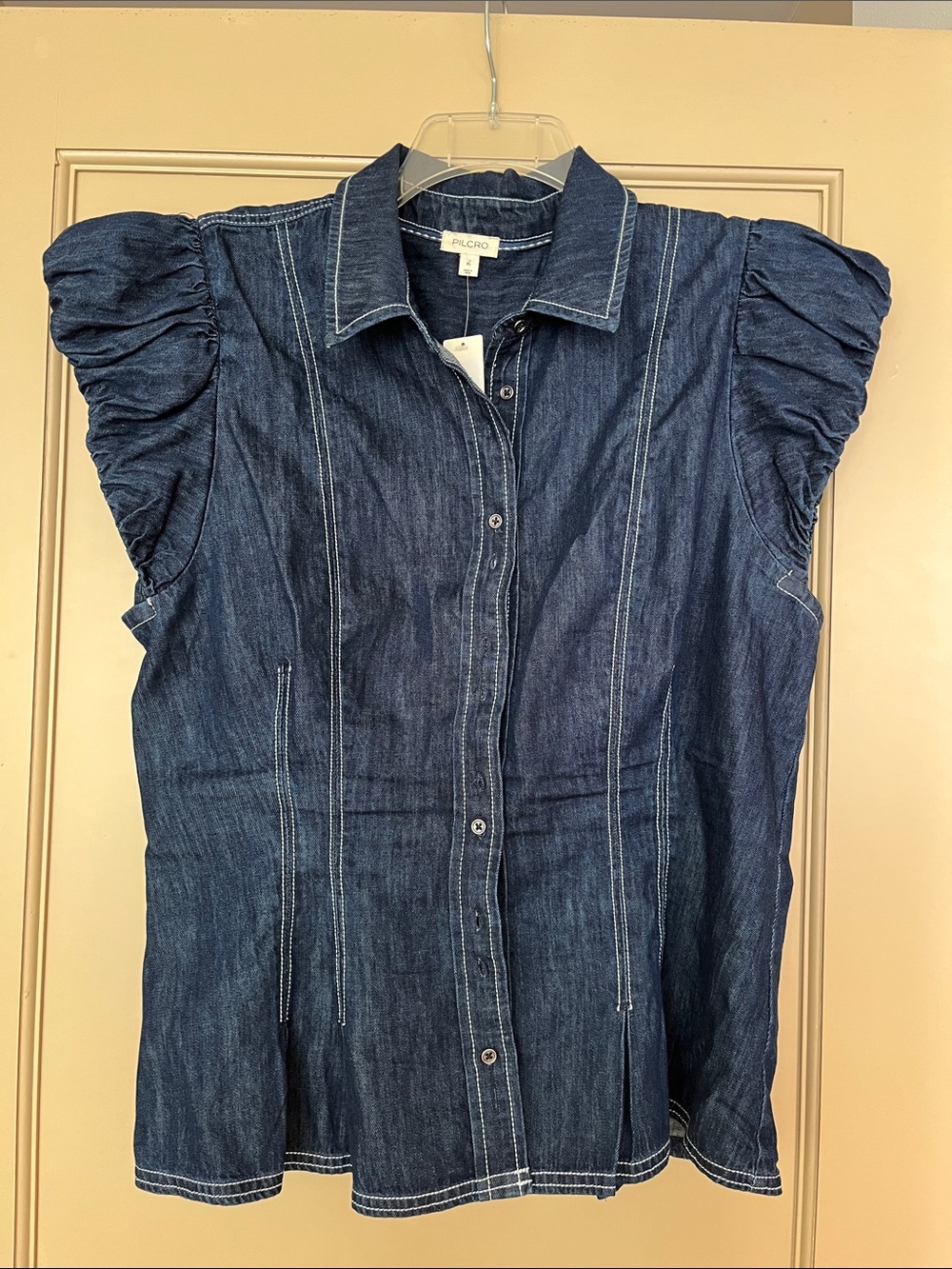 Pilcro Dark Blue Denim Button-Down with Puff Sleeves